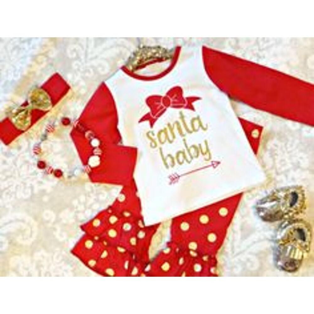 Unbranded Girls PJs Pajamas Set Santa Baby Polka Dot Ruffle Bell Bottoms Sz L
